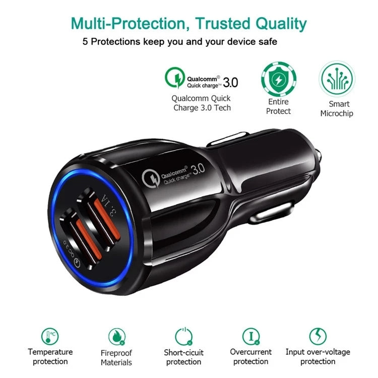 Black dual-USB car charger with illuminated QC 3.0 port and protective design