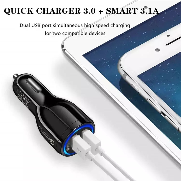 Black dual-USB car charger kit with white Type-C cable for fast charging