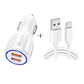 White dual-USB car charger adapter with Type-C cable and USB plug connectors