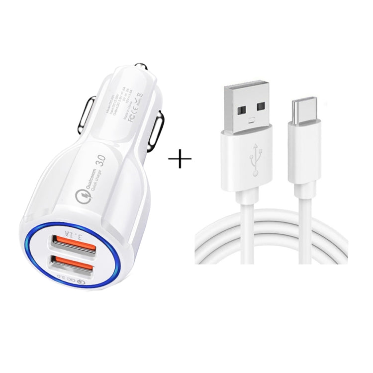 White dual-USB car charger adapter with Type-C cable and USB plug connectors