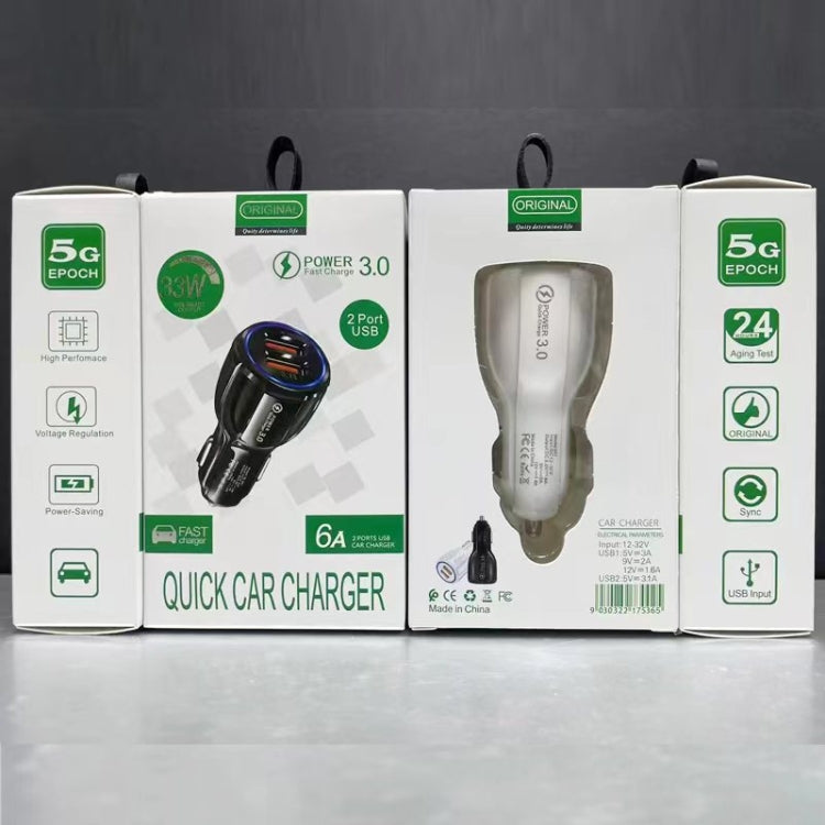 Retail packaging boxes for a dual-USB car charging kit with USB and cable