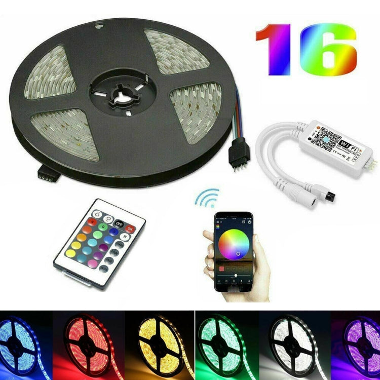 RGB LED strip light kit with reel, Wi‑Fi controller, power module, and remote
