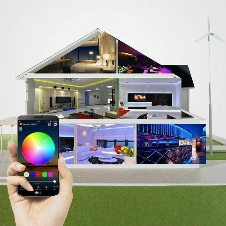 RGB LED strip lighting installation with smartphone app controlling indoor lights