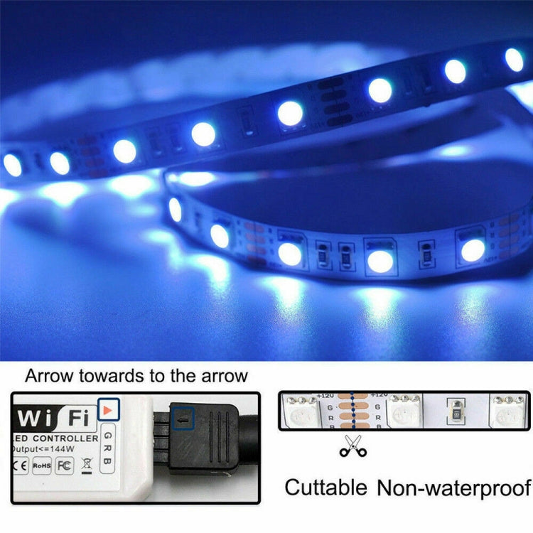 Close-up of blue RGB LED strip on reel with Wi‑Fi controller and cuttable design
