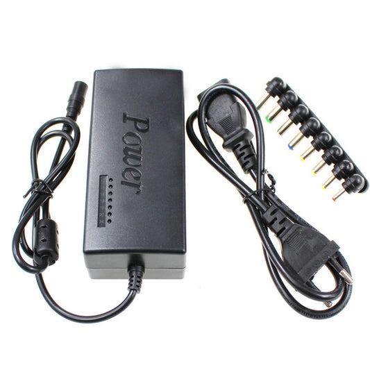 Black power supply adapter with attached cables and multi-pin DC plug