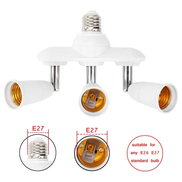 White E27 socket splitter with 3 outlets and visible brass lamp base contacts