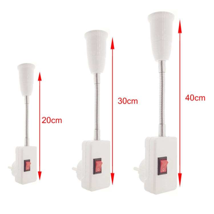 Flexible E27 bulb holder adapter with inline switch, showing 20 cm, 30 cm, and 40 cm