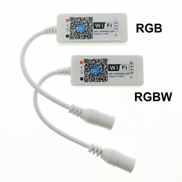 WiFi LED controller cables with RGB and RGBW label on compact controller boxes