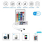 WiFi LED controller with remote, wireless icons, and mode features diagram
