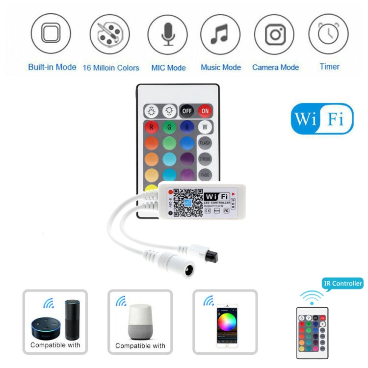 WiFi LED controller with remote, wireless icons, and mode features diagram