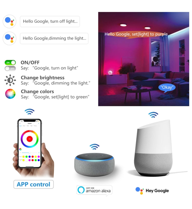 WiFi LED controller app control with smart speaker compatibility icons