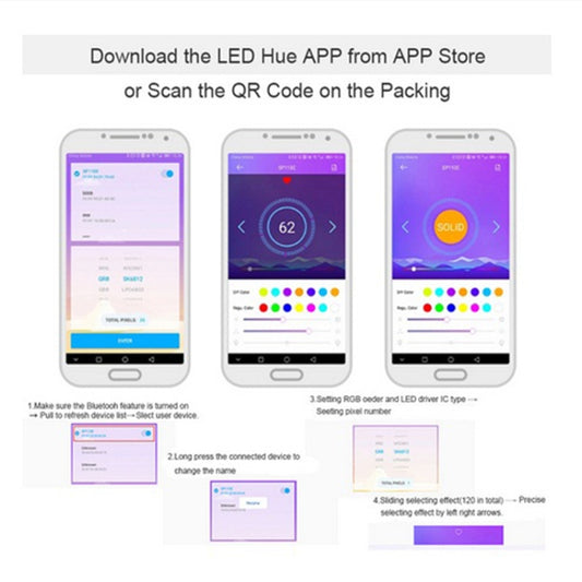 LED Hue app screens showing color picker, effects, and solid mode