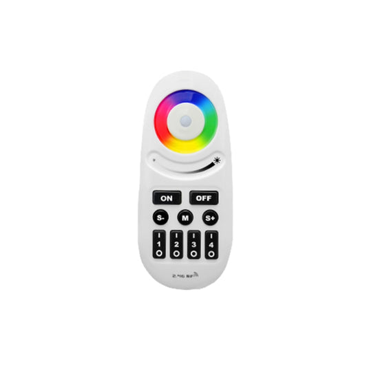 White button-type RGBW RF LED remote with rainbow color ring and keypad