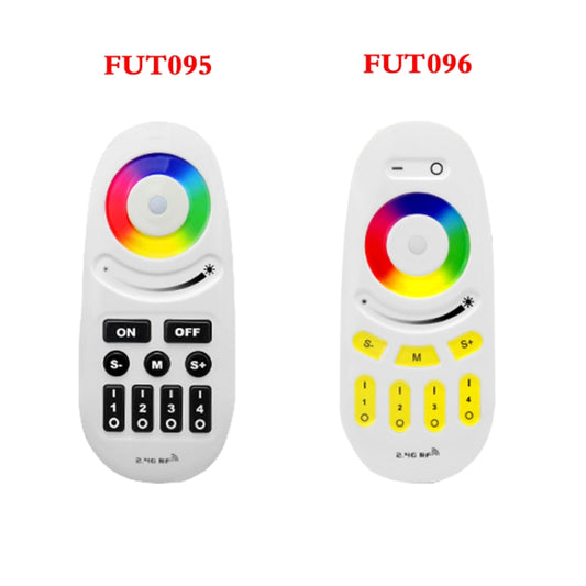Two white RGBW RF LED remotes with rainbow rings, one with black keys and one with yellow keys