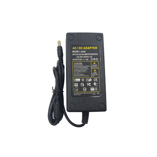 Black AC/DC adapter power supply with built-in cable and compliance label
