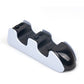 Dual charging dock for PS5 controllers in white base with black cradle inserts.