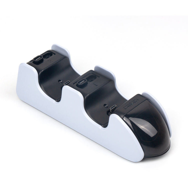 Dual charging dock for PS5 controllers in white base with black cradle inserts.