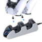 White dual PS5 charging dock showing controller placement and contact slots.