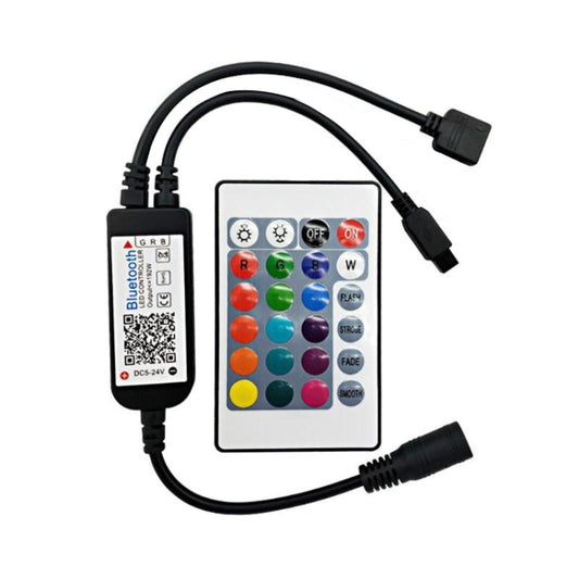 Bluetooth LED RGB controller with button panel and attached black power cables
