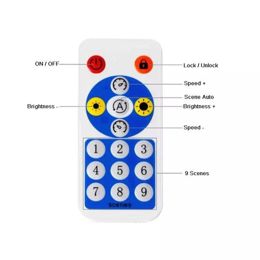 Smartphone remote for pixel LED controller with lock, speed, and 9 scenes