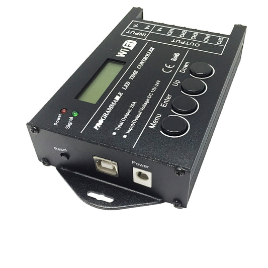 WiFi LED time controller with LCD display and round control buttons, black metal box