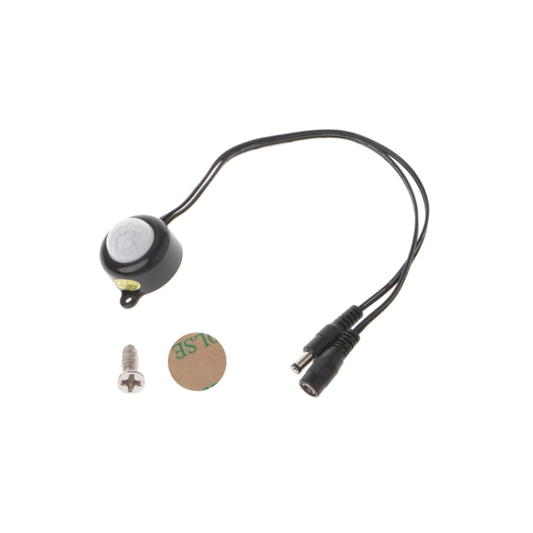 Black PIR motion sensor switch with cable, DC plug, and mounting screws