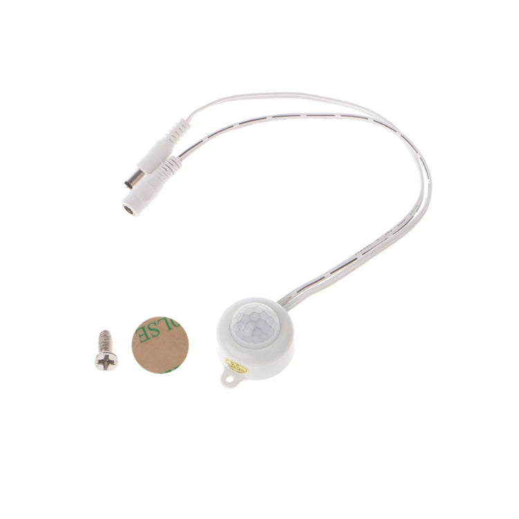 White PIR motion sensor switch with cable, DC plug, and mounting screws