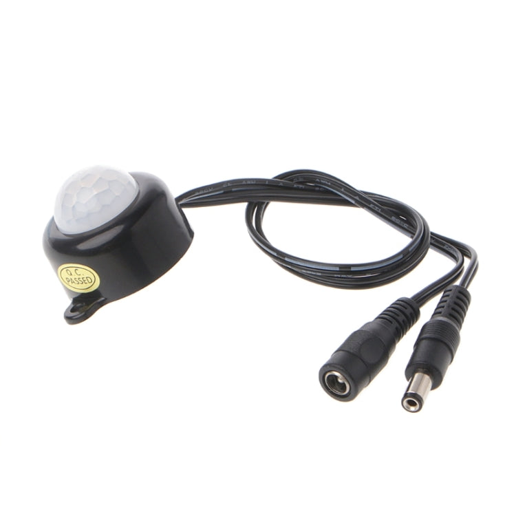 Black PIR motion sensor switch with long leads and dual DC barrel connectors