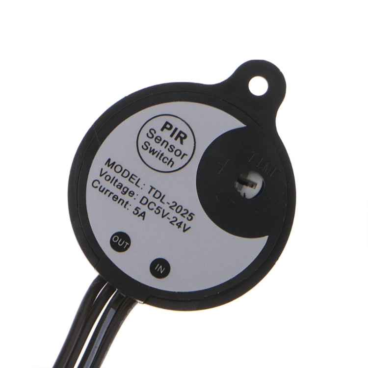 PIR sensor switch module with printed IN/OUT and voltage ratings label