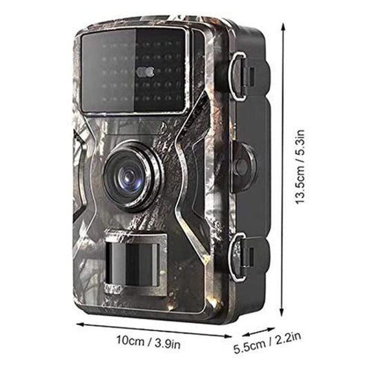 Camouflage trail camera side view with lens, screen, and latch brackets