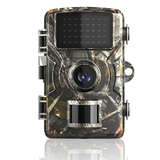 Camouflage hunting trail camera with front display, lens, and IR sensor housing