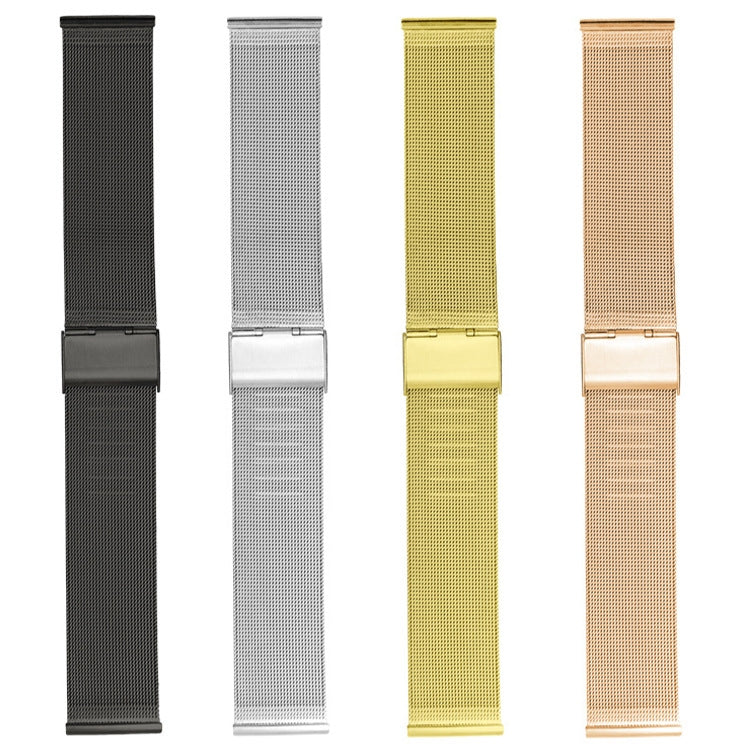Replacement braided fine mesh stainless metal watch straps in black, silver, gold, and rose gold