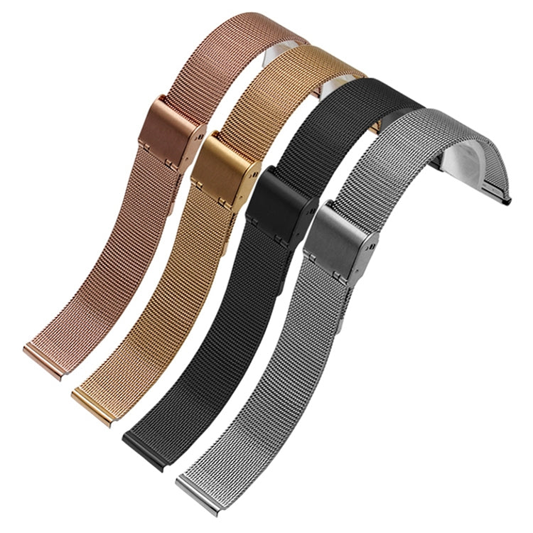 Set of braided fine mesh stainless metal watch straps in rose gold, black, and silver colors