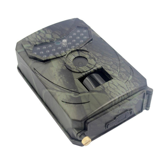 Camouflage wildlife trail camera angled view with front lens and display window