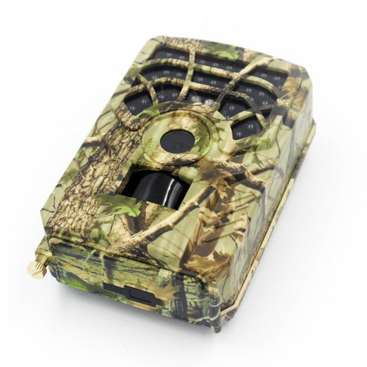 Camouflage trail tracking camera angled side view with front lens and sensor window