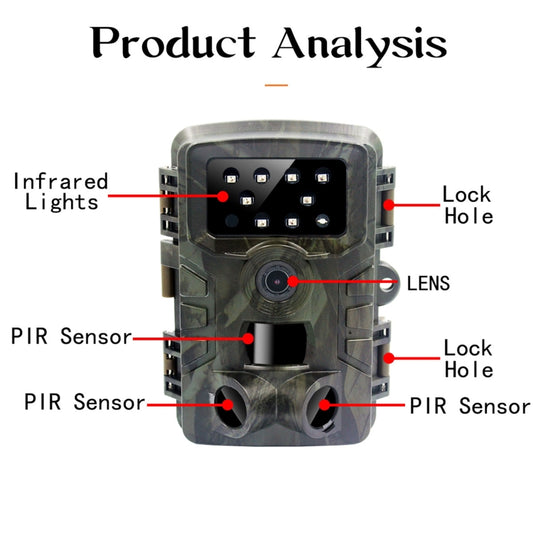 Camouflage trail camera front with lens, PIR sensors, and infrared lights (callouts)
