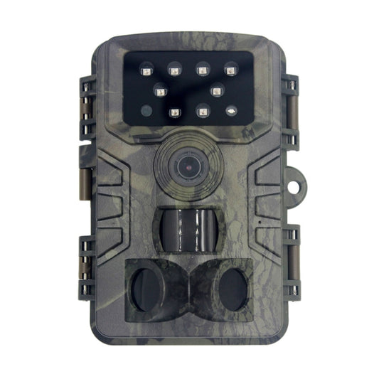 Camouflage wildlife trail camera, front view with IR sensor array and lens