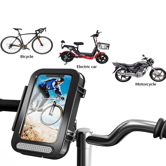 Waterproof black phone holder case for handlebars with speaker grille and clear front window