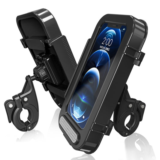 Waterproof black handlebar phone case with adjustable clamp and front screen window