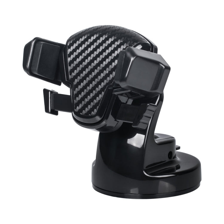 Black car suction cup phone holder with carbon-fiber textured clamp and adjustable arms