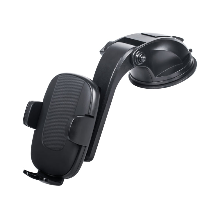 Black telescopic car phone holder with suction base and cradle for windshield mounting