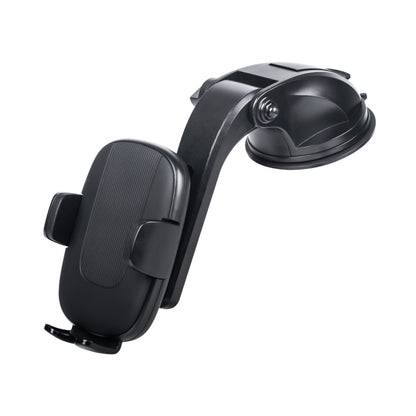 Black telescopic car phone holder with suction base and cradle for windshield mounting