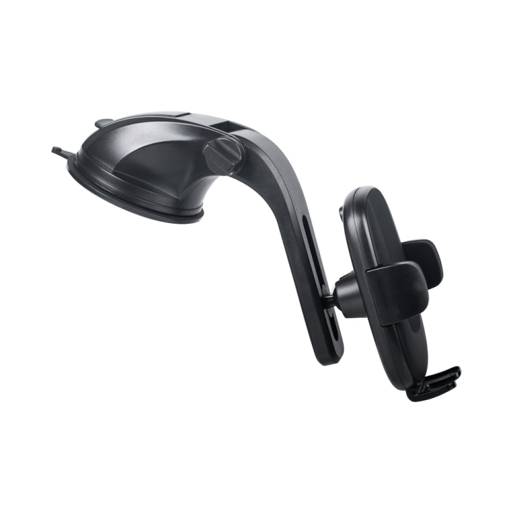Dark car windshield phone holder stand with curved arm and side clamp supports