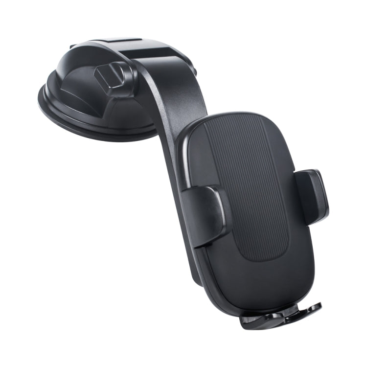 Black car phone holder with telescopic arm and ribbed cradle for windshield mounting