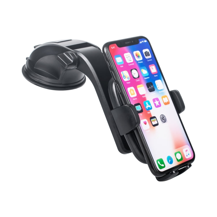 Black car phone holder holding a smartphone in a clamped cradle on a windshield mount