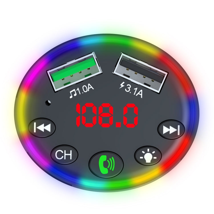 Car MP3 FM modulator face with dual USB ports, red frequency display, function buttons