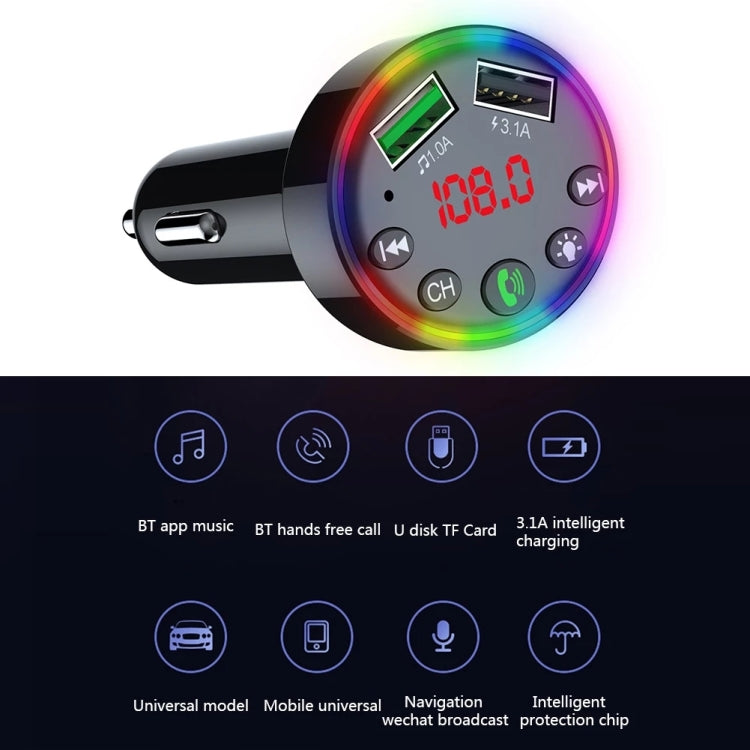 Car MP3 FM modulator with LED-lit display and feature icon layout