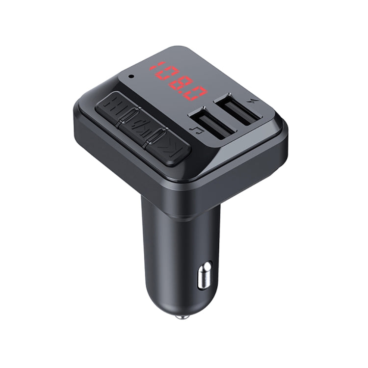 Car FM wireless audio transmitter with dual USB charger, black body, red LED display