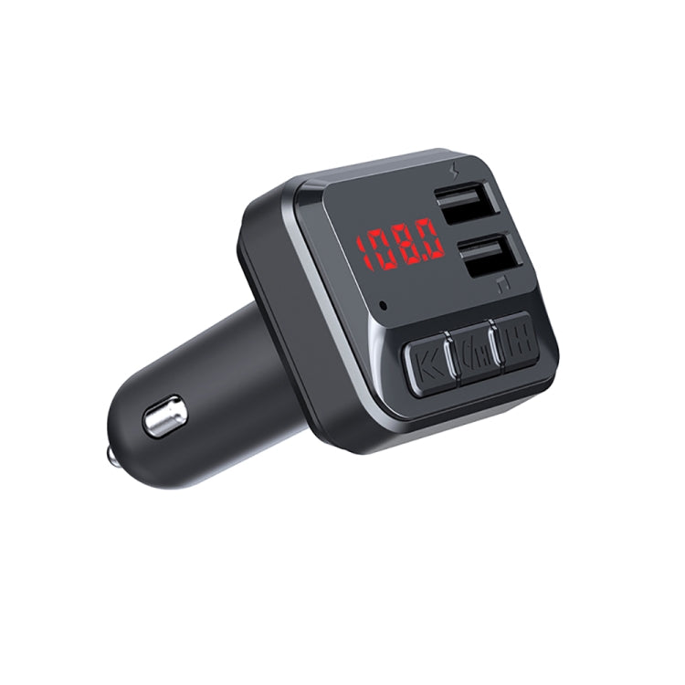 Car FM wireless audio transmitter with dual USB charger, side view with red LED display