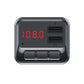 Car FM wireless audio transmitter, front ports and red LED screen on black housing